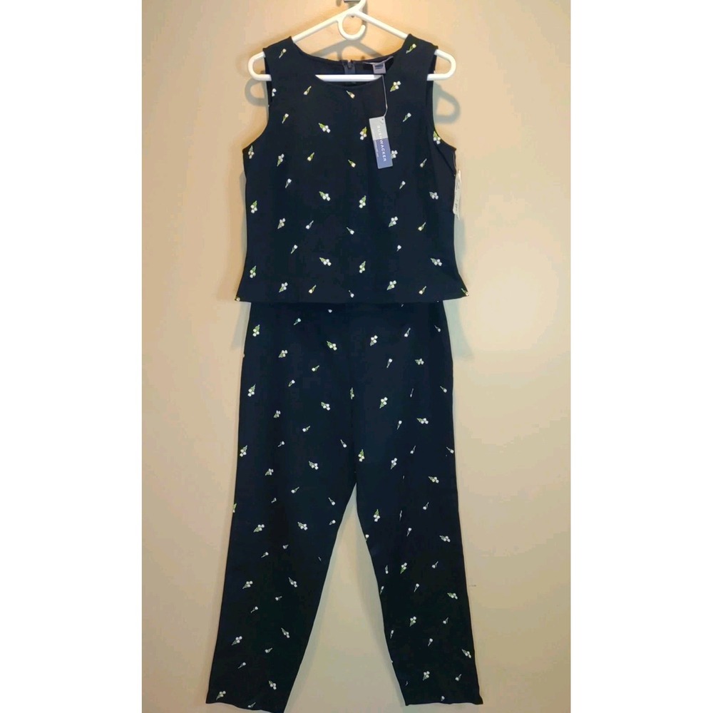Bushwacker Navy Blue Floral Embroidery Textured Shirt Pants Set Size 14 (L)